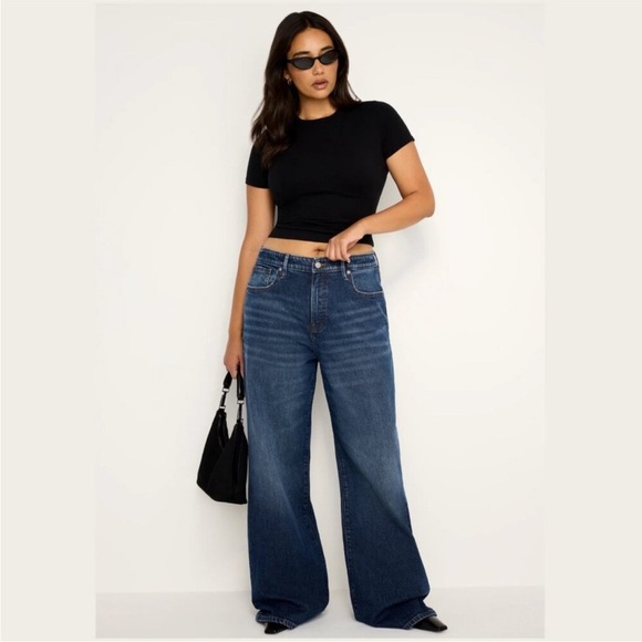 GOOD AMERICAN Good Ease Medium Dark Wash Y2K 90s Mid-Rise Baggy Wide Leg Jeans - Picture 1 of 10